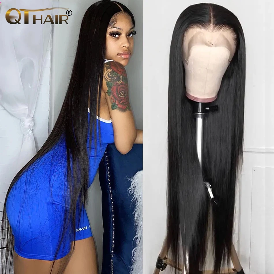 QT 30 32Inch Peruvian Straight Lace Front Human Hair Wigs 13X4 Transparent Lace Frontal Wig for Black Women 4x4 Lace Closure Wig