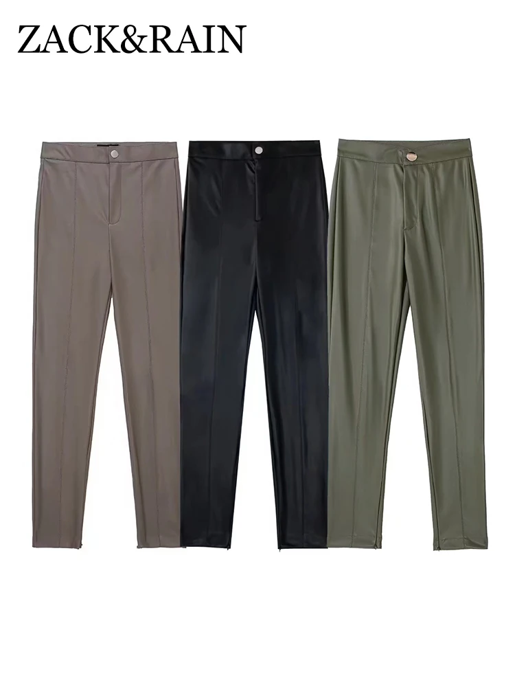 

ZACK RAIN Women Black Faux Leather Slim Leather Pants 2022 Fall/Winter Ladies Retro Trousers Street Zipper Female Chic Bottoms