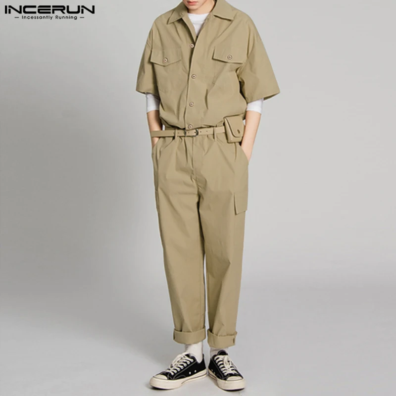

INCERUN 2023 Korean Style New Men Casual Streetwear Solid All-match Rompers Handsome Male Short-sleeved Overalls Jumpsuits S-5XL