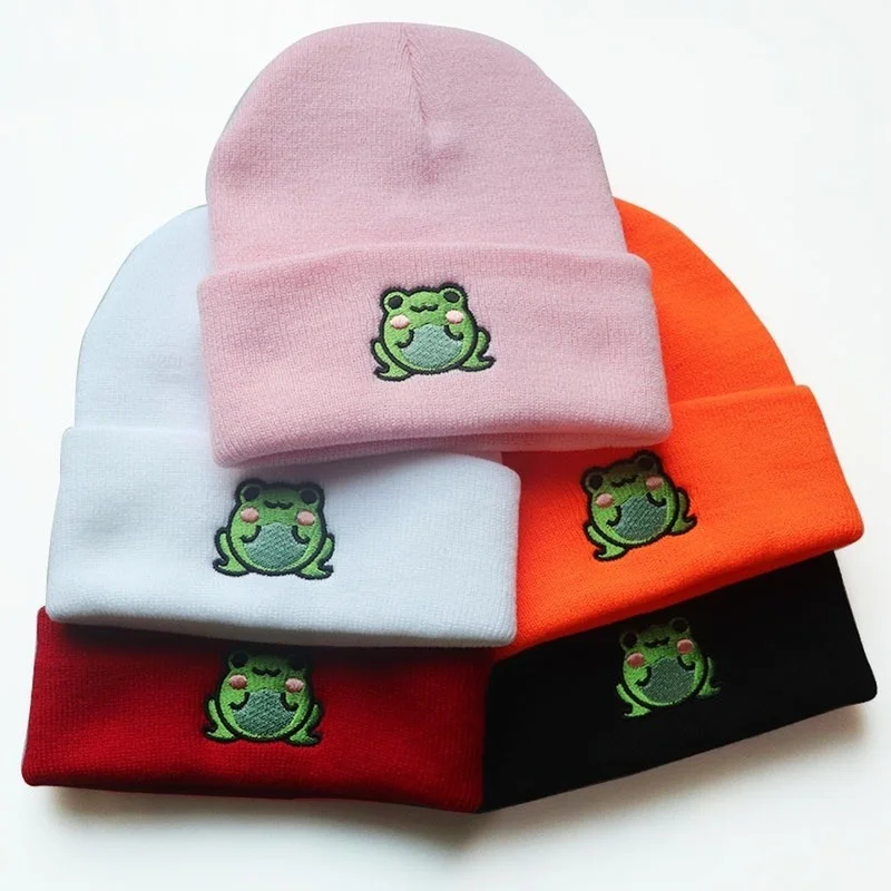 

Fashion Cartoon Frog Hat Crochet Beanie Winter Embroidery Knit Hats for Women Men Warm Hip Hop Caps Streetwear Skullies Bonnets