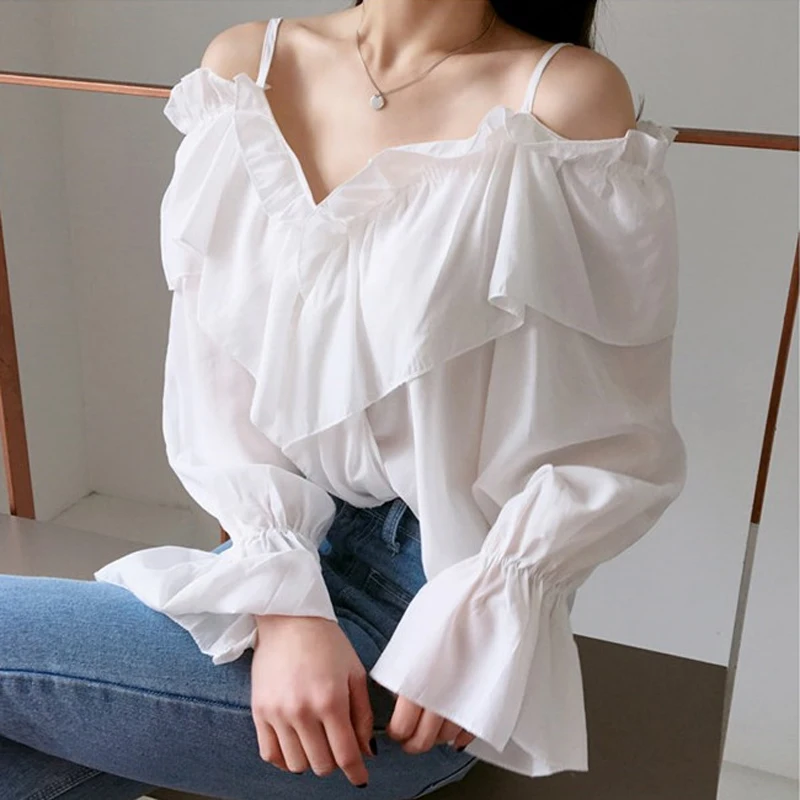 

2022 Summer Flare Sleeve Chiffon Shirts V-Neck Elegant Women Shirts Butterfly Female Korean Blouses Loose Casual Blusas T503