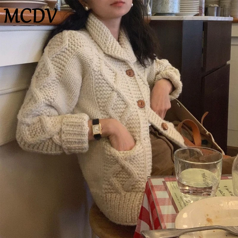 MCDV повседневные однотонные вязаные кардиганы женские однобортный свитер с