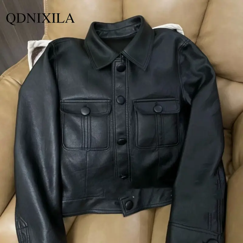 2023 Early Spring Imitation sheepskin Coat for Women New Single Breasted Leather Jacket Women Lapel Casual Street Short Jackets