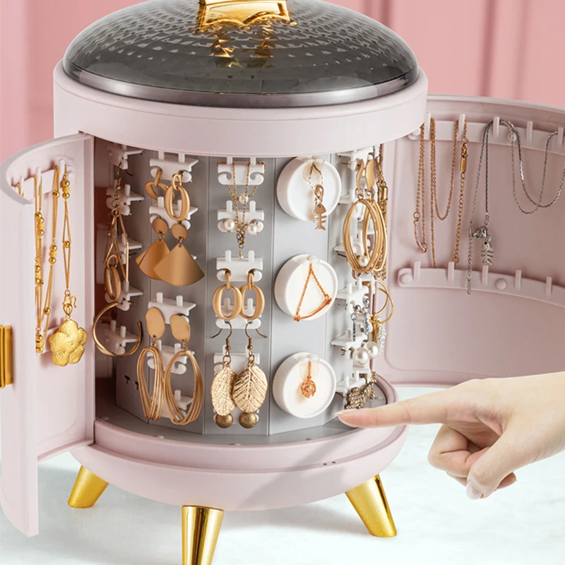 

Rotary Jewelry Storage Box Household Earrings Necklace Display Stand High Capacity Luxury Retro Screen Jewelry Organizer Case