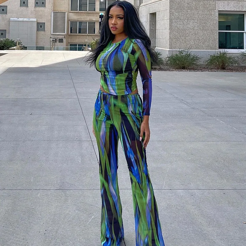 

Female Printing Tight Fashion Suits Round Collar Fold Long Sleeve Tops Of Tall Waist Flares Two Piece Tide Korean Dress 2023