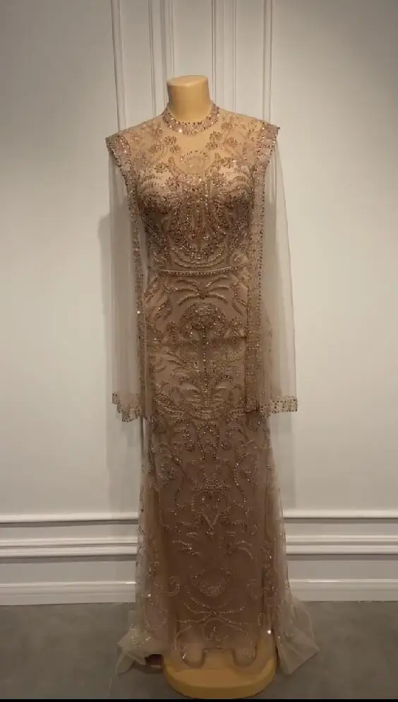 

Luxuries Exquisite Mermaid evening Party dresses Long Sleeve Crystals Beaded Long Prom Gown vestidos de fiesta