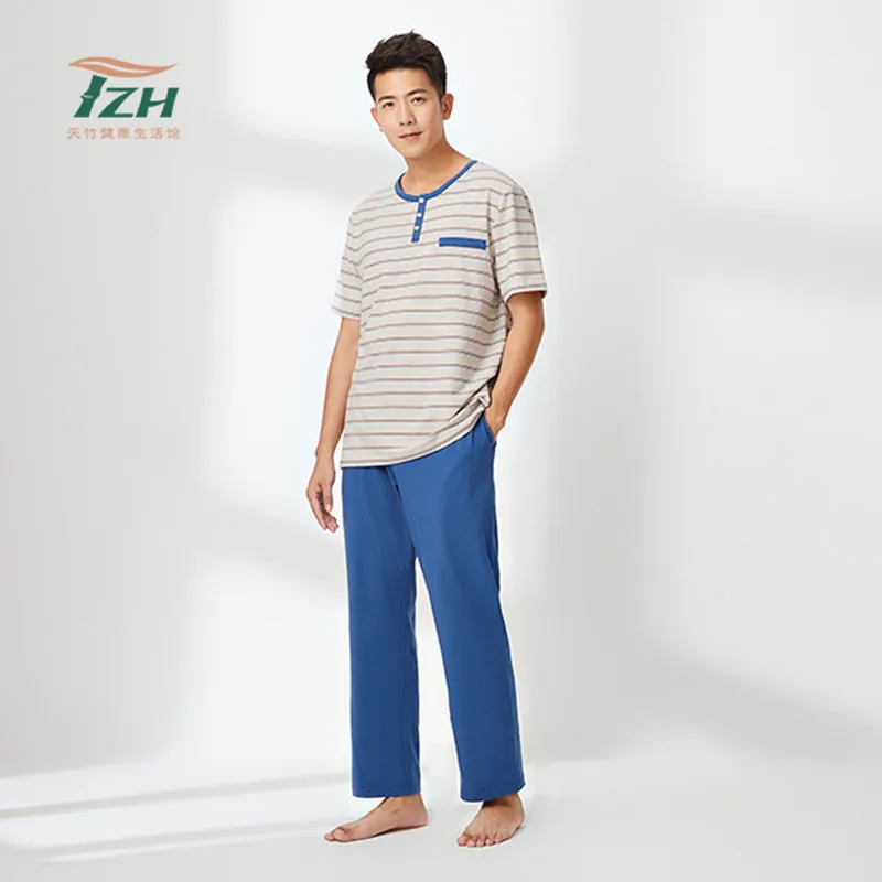 Summer Men's Round Neck Short-sleeved Trousers Shorts Suit Pajamas Pure Cotton Thin Section Refreshing Blue Home Service