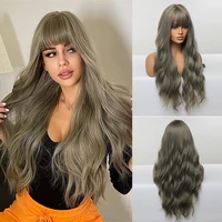 long water wave synthetic wigs with bangs olive grey wigs natural heat resistant hair wig for fashion women girls party cosplay
