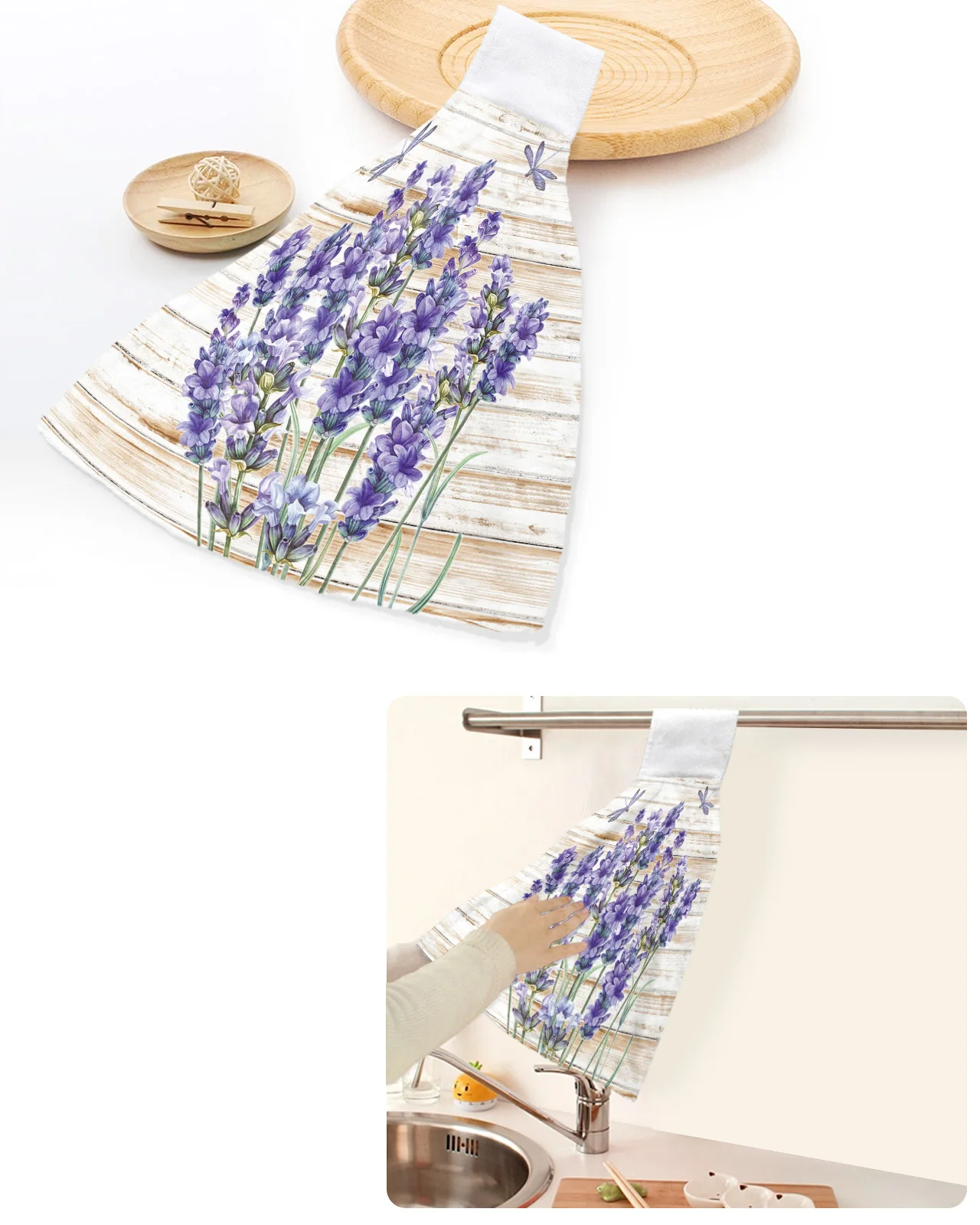 

Purple Flower Lavender Dragonfly Wood Hand Towels Home Kitchen Bathroom Hanging Dishcloths Loops Absorbent Custom Wipe Towel