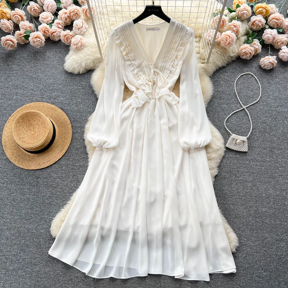 

French Gentle Thin Chiffon Dress Female Spring and Summer New Temperament Super Fairy White Seaside Beach Waist Long Skirt