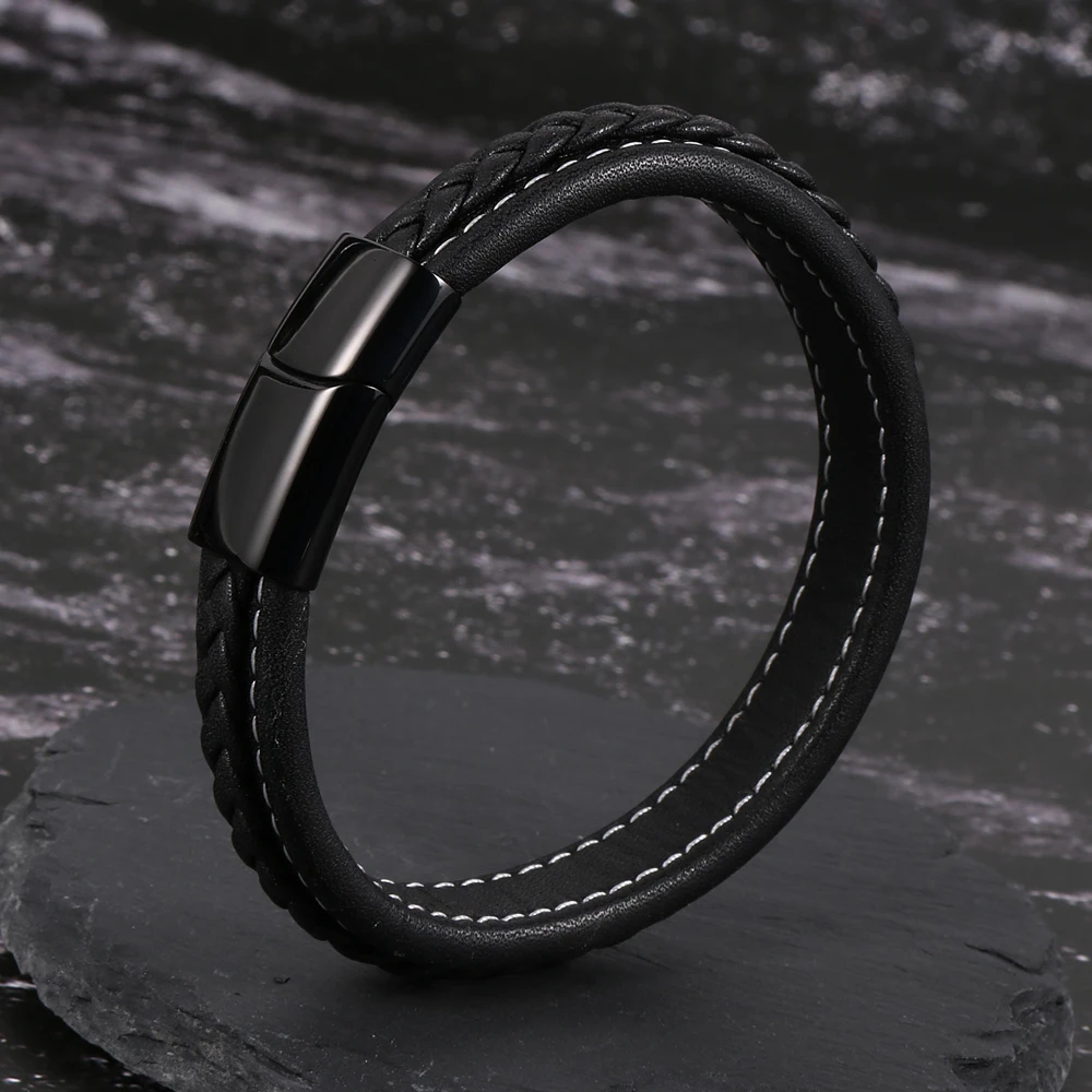 Punky Black Genuine Leather Wrap Men Bracelet Stainless Steel Magnetic Clasp Cowhide Bangles Friendship Gifts Pulsera De Cuero