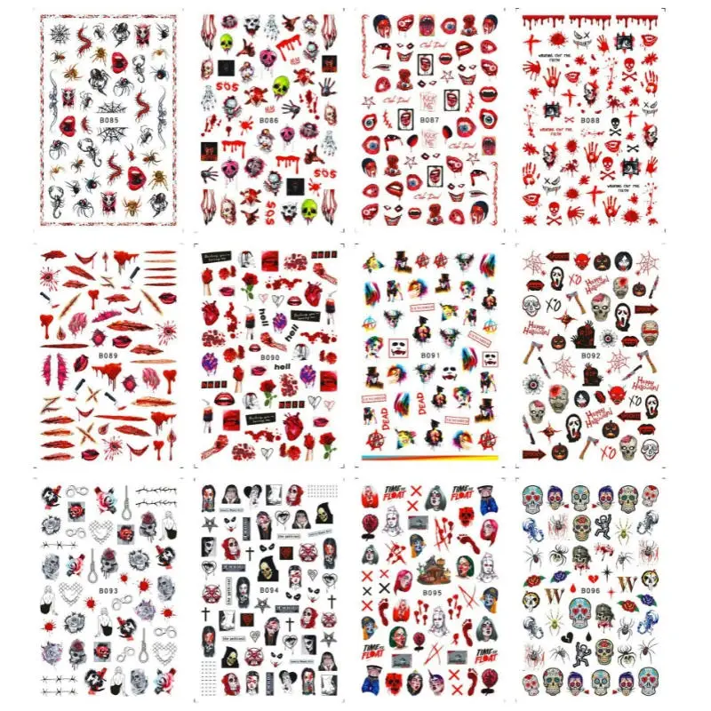 Наклейки для ногтей на Хэллоуин, смешанные, 12 штук, черные, полного покрытия, самоклеящиеся, декорации, дизайнерские аксессуары для ногтей, стикеры для красоты ногтей.