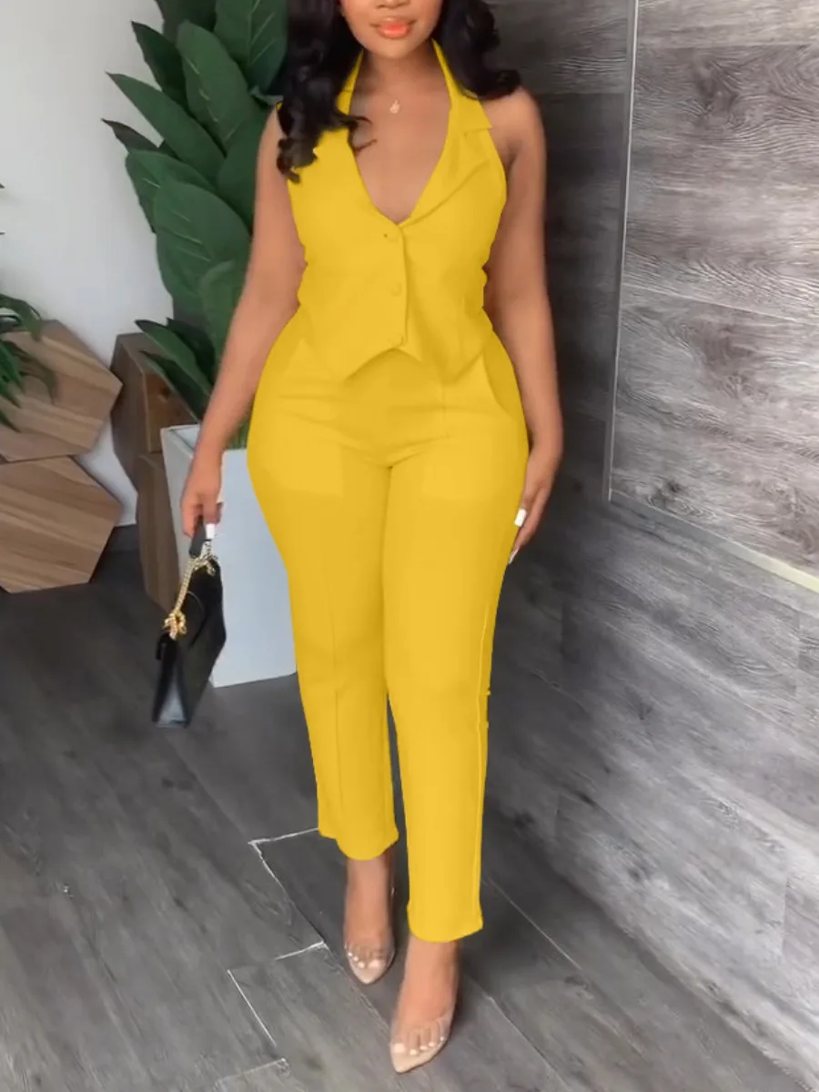 

LW Fashion Solid Elegant Casual Office Two Piece Women's Vest Small Suits 2023 V Neck Sleeveless Button Design Skinny Pants Set