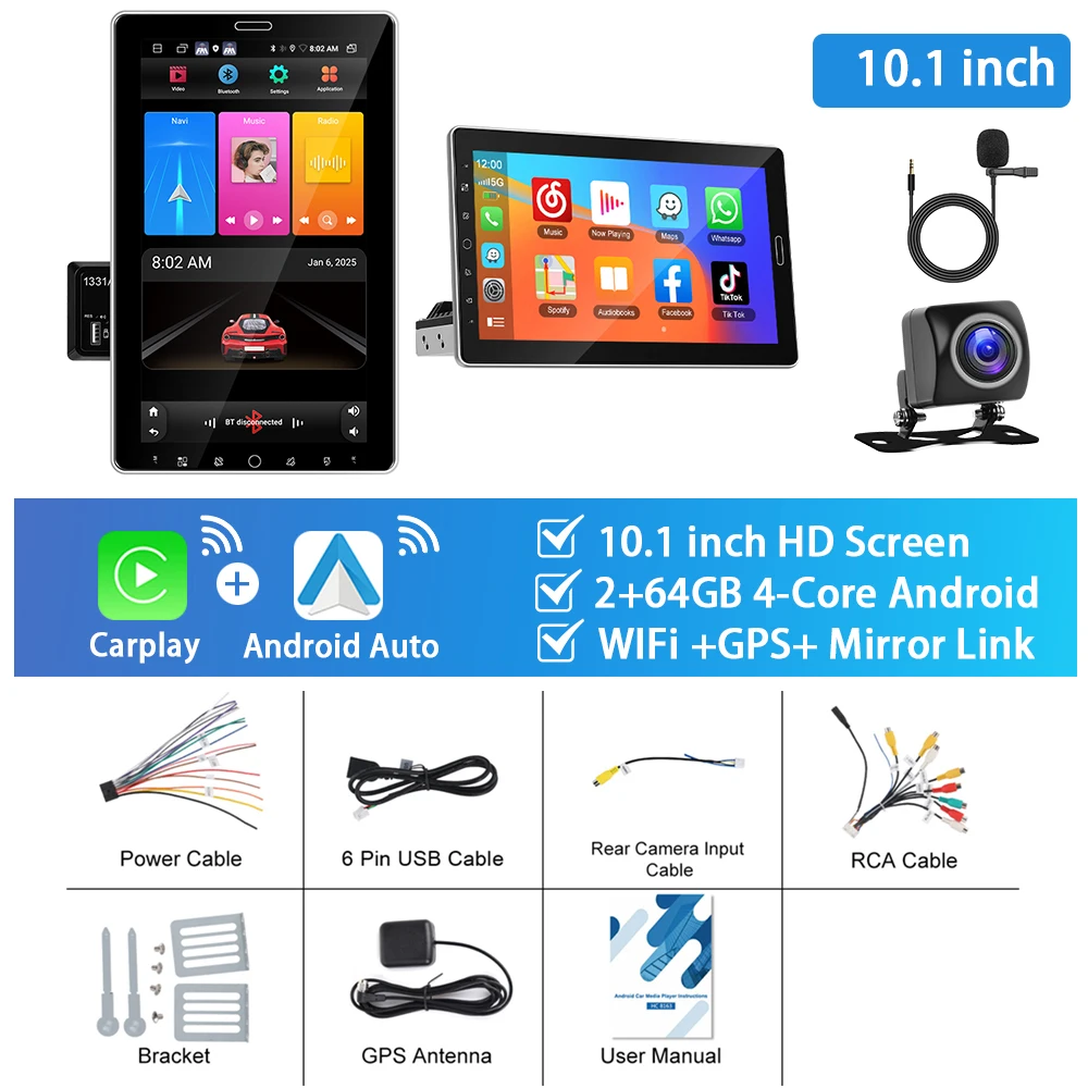 

Podofo 10,1 ''2 + 64G автомобильная стерео с поворотным экраном 4-ядерный автомобильный интеллектуальный мультимедийный Carplay Android Auto WIFI GPS RDS 1Din авторадио