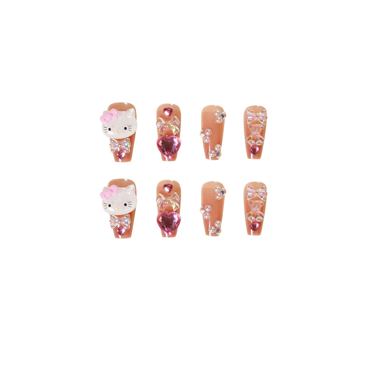 Cute Hello Kitty Kuromi False Nail Tips Rhinestone Press On Nail Y2K Coffin Ballet Reusable 24Pcs Fake Nail With Glue Toy Girls images - 6