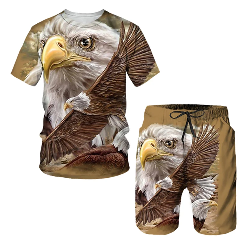 Fashion 3D Eagle Pattern T Shirt For Men Shorts 2 Piece Outfit Trend Harajuku Children Tees Casual O-neck Short Sleeve Loose Top