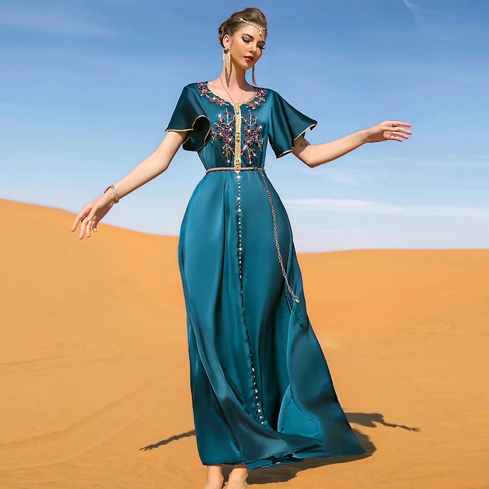 2023 Muslim Women's Hand-Sewn Short Sleeve Dress Dubai Travel Party Long Skirt Abaya Robes Ramadan Dress Long Dresses Abayat