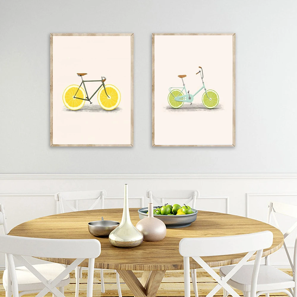 Абстрактная Мода велосипед Лимон Апельсин фрукты печать холст скандинавские