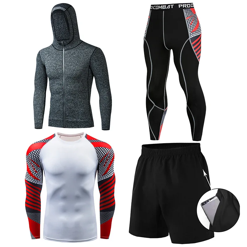 

Sports Suit Men's Running 4-Piece Long Sleeved Trousers Quick Drying T-Shirt Sweat Wicking Fitness Suit