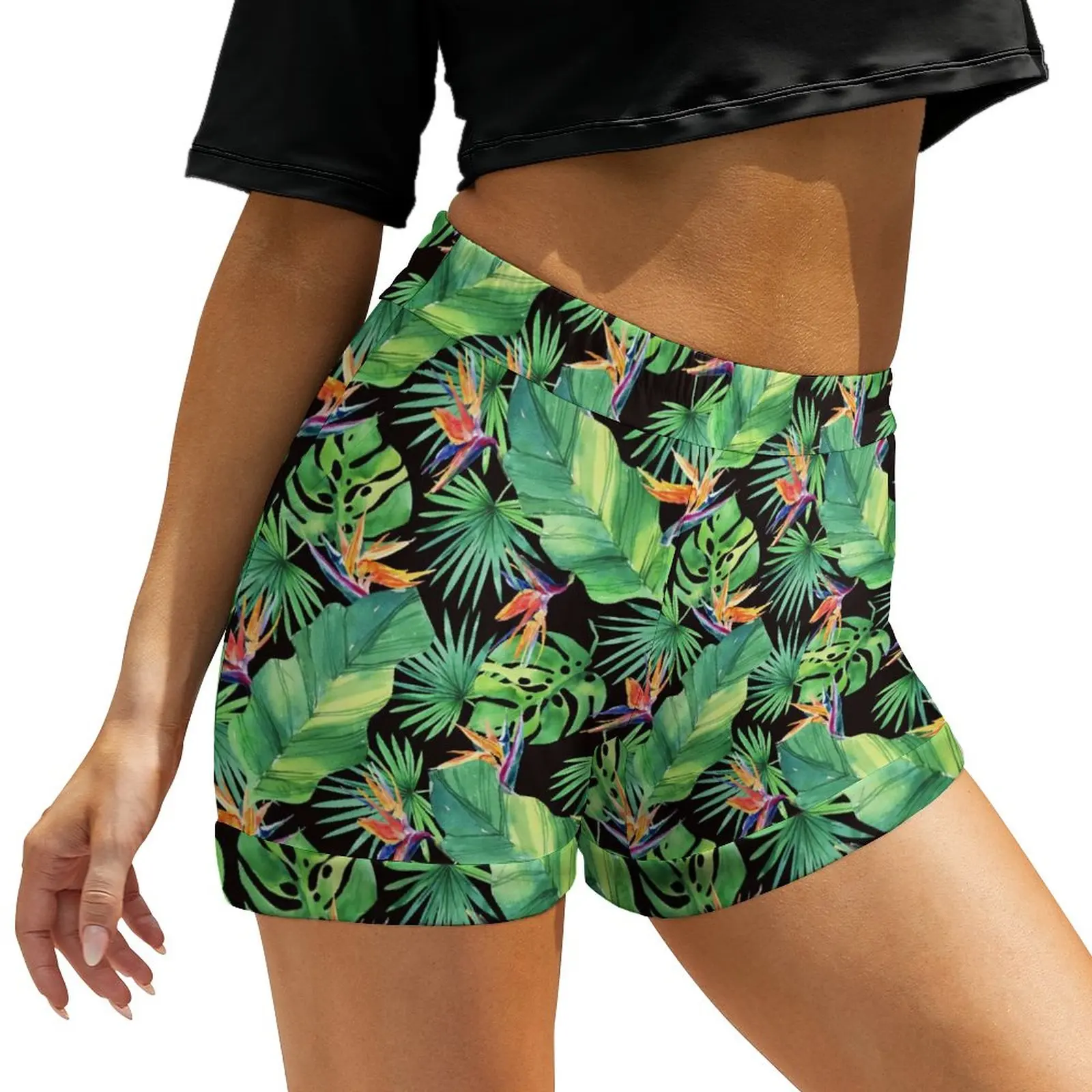 Jungle Tropical Leaf Shorts Female Bird Print Street Wear Pattern Shorts Elastic High Waist Oversized Short Pants Sport Bottoms