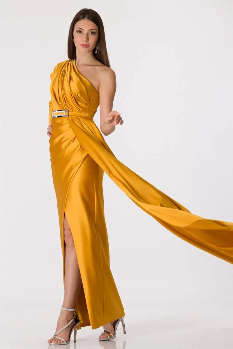 

Single Arm Drapeli Satin Evening Dress Yellow