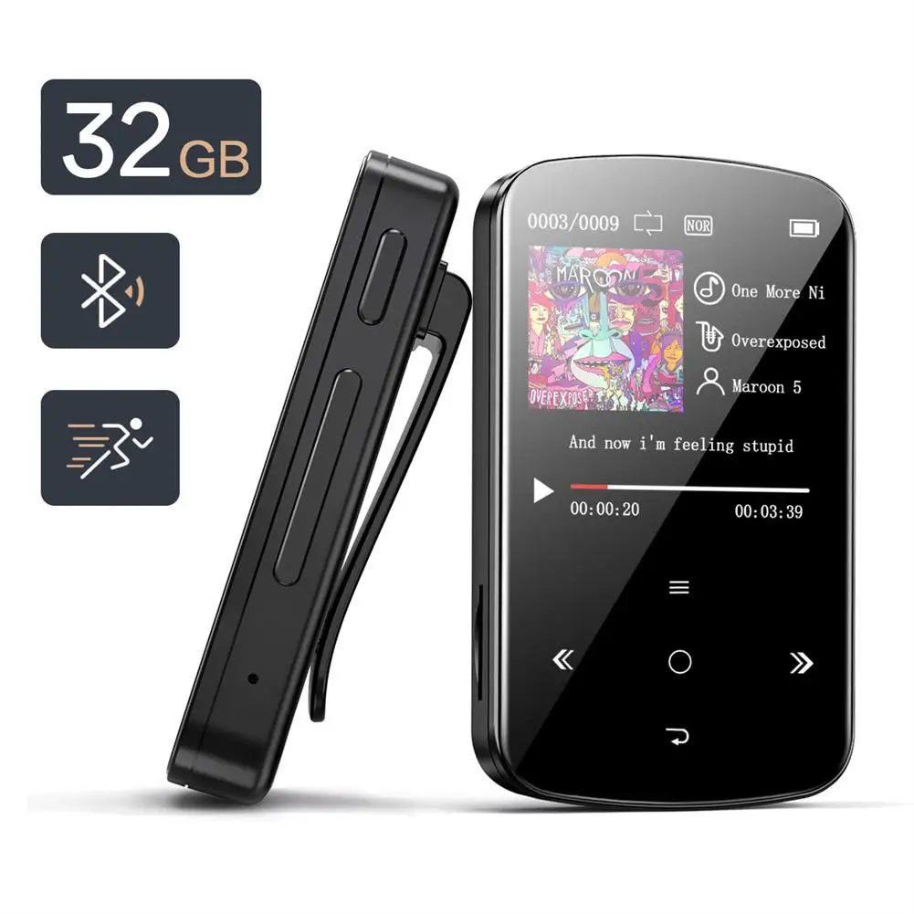 

Mp3-плеер с клипсой, 32 ГБ, Bluetooth-совместимый мини спортивный MP3-плеер с сенсорным экраном, портативный музыкальный плеер для бега, слот для TF-ка...