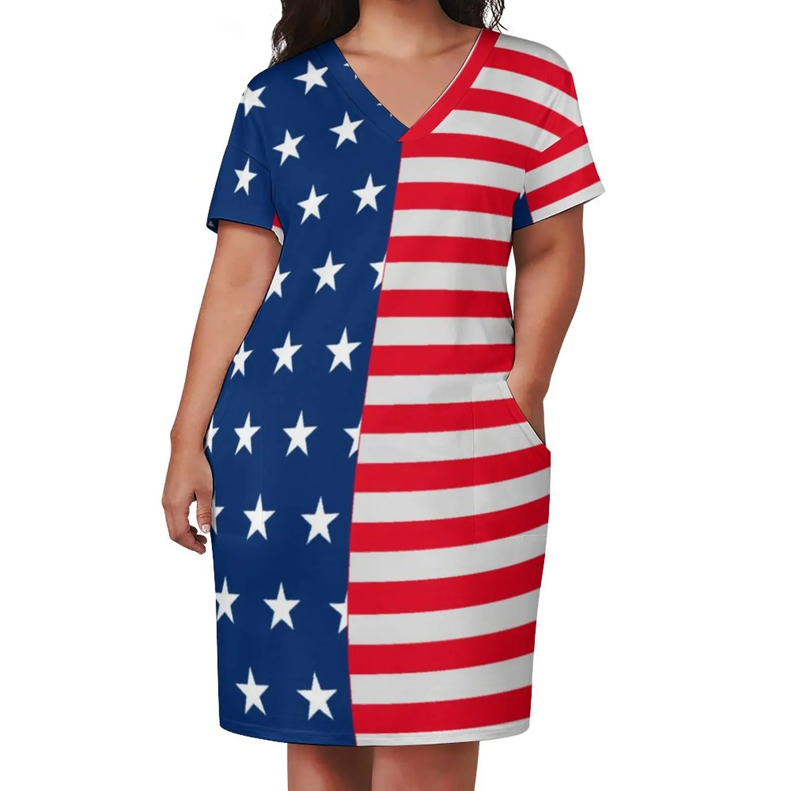 USA Flag Print Dress V Neck Stars and Stripes Aesthetic Dresses Summer Vintage Casual Dress Women Printed Plus Size Clothing