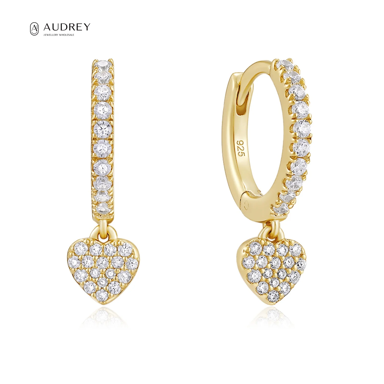 

Audrey Elegant Fine Jewelry Rhinestone Earring 14K Gold Plated 925 Sterling Silver Full Zircon Heart Hoop Earrings Women