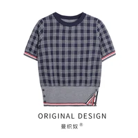 tb short sleeved summer new contrast color plaid knitted bottoming shirt short t shirt top