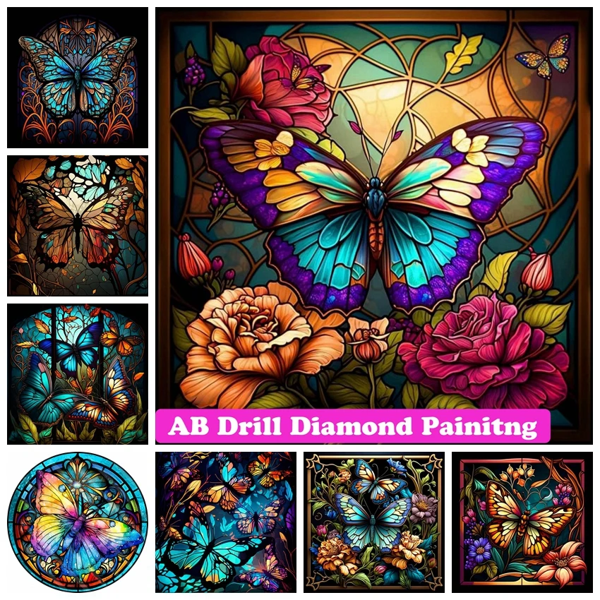 

Stained Glass Butterfly AB Diamond Painting Cross Stitch Kits Fantasy Animal Rhinestones Mosaic Embroidery Room Decor 2023 New