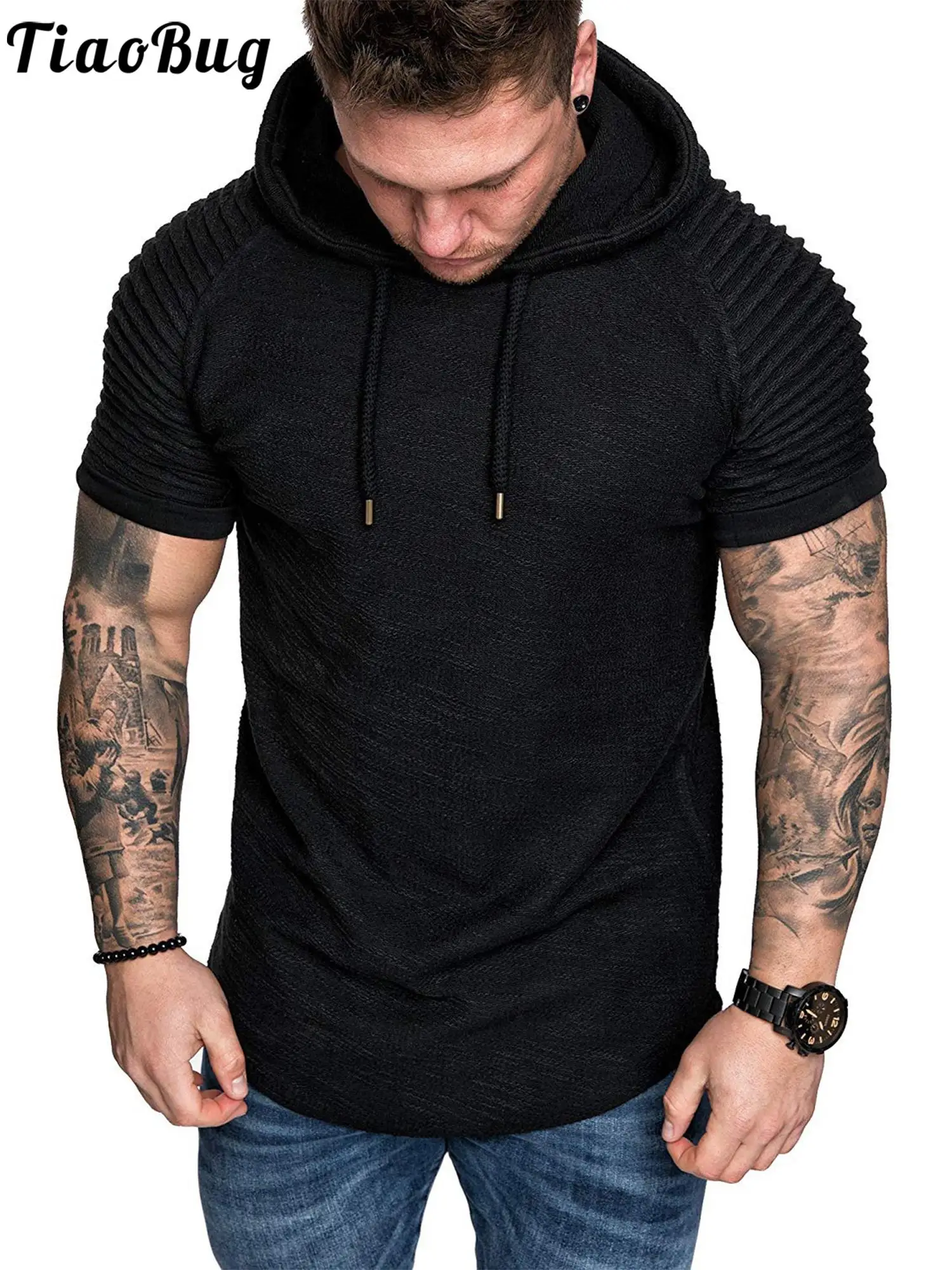 

Мужская однотонная толстовка с коротким рукавом и капюшоном, тренировочная майка, дышащий Быстросохнущий Спортивный Топ для бега, трениров...