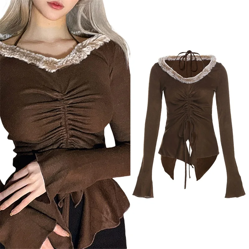 

Women Fall Summer Slim-Fit T-Shirt Plush Splicing Halter-Neck Long Sleeve Drawstring Pullover Tops for Ladies