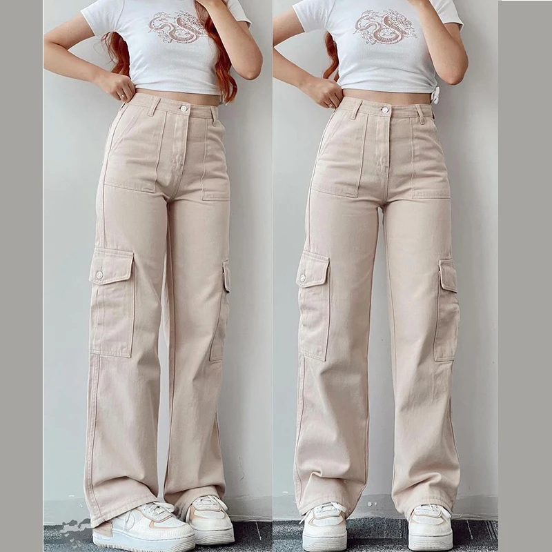 Vintage Straight new style baggy Trousers casual pants waist pocket denim pants summer women's y2k high waist cargo pants