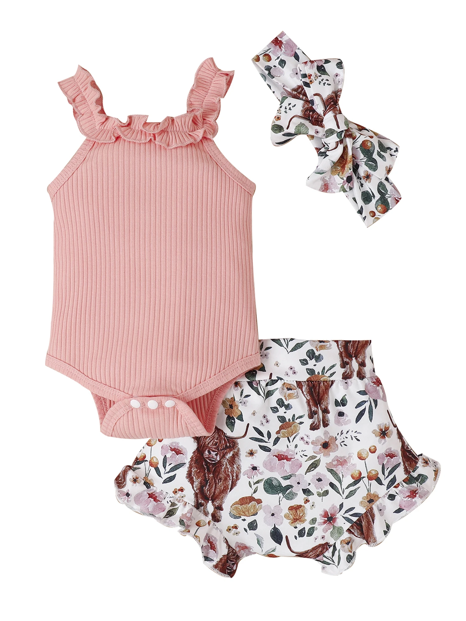 

Детский комбинезон с оборками, без рукавов, с принтом в виде головы крупного рогатого скота