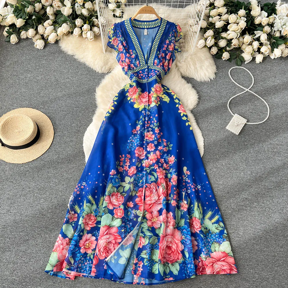 

Женское винтажное платье без рукавов, элегантное темно-синее платье с принтом в стиле бохо, с глубоким V-образным вырезом и рюшами, вечерняя одежда, новинка весны