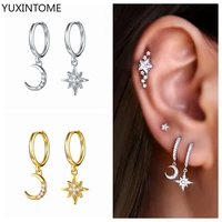 yuxintome 925 sterling silver needle star moon shape insert asymmetric crystal zircon dangle drop earrings for women man jewelry
