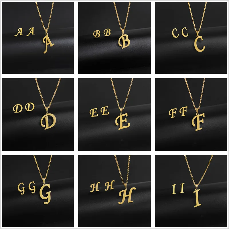 

New Simple Gold Color A-Z 26 Letters Initial Pendant Necklace Set for Women Couple Stainless Steel Alphabet Name Chain Choker