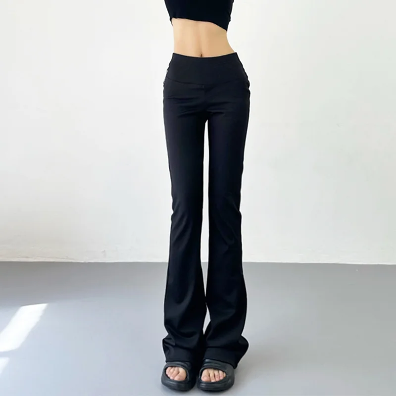 

2023 Летние черные тонкие модные пикантные брюки TVVOVVIN с подтягивающим бедром микро-рогом новые универсальные повседневные длинные брюки для пола AUR7