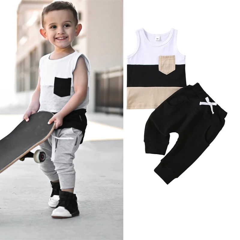 

0-3 Years Sleeveless Baby Boy Pants Suit Patchwork Crew Neck Pocket Sleeveless Tank Tops Solid Color Trousers Set