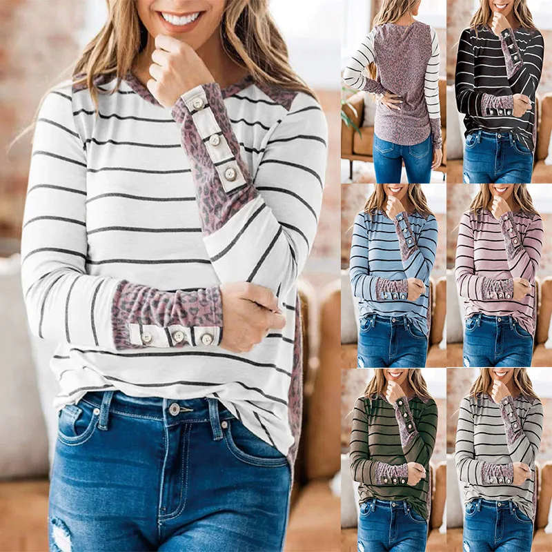 

2022 Autumn New Leisure Commuter Women's Long-sleeved Leopard Stripe Irregular Stitching Printing Button Cuffs Buttoned Top