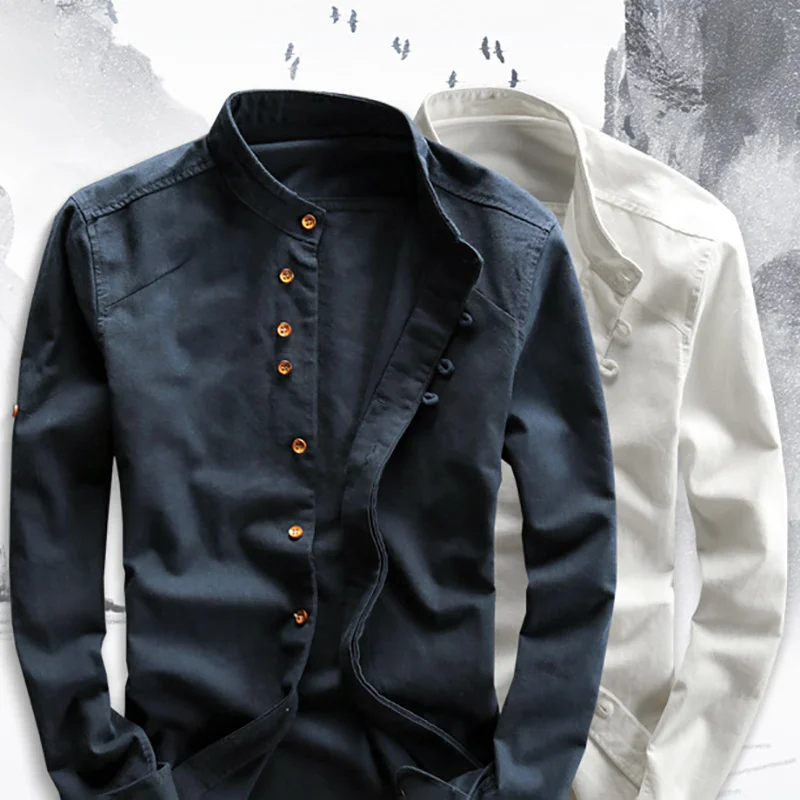 

Men Cotton Linen Sirt Formal Retro Cinese Style Lon Sleeve Mandarin Collar Casual Sirts Soft Comfort Clotin Plus Size 7XL