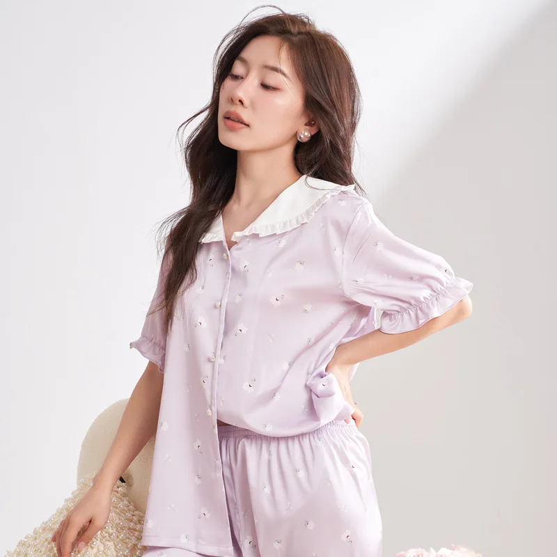 Summer New Pajamas Women's Lotus Leaf Collar Purple Flower Short-sleeved Trousers Casual Home Service Suit Can Be Worn Outside