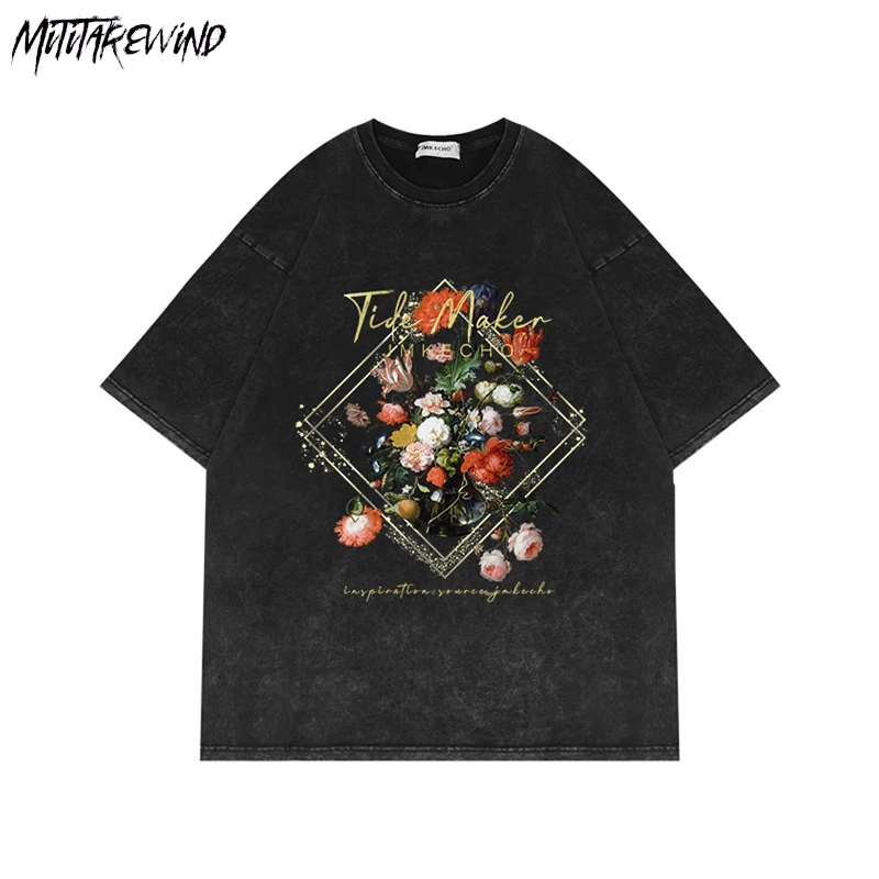 

High Street Flower Print T-shirt Casual Loose Men T Shirt Round Neck Made Old Short-sleeved Streetwear Summer Tops Tees Unisex