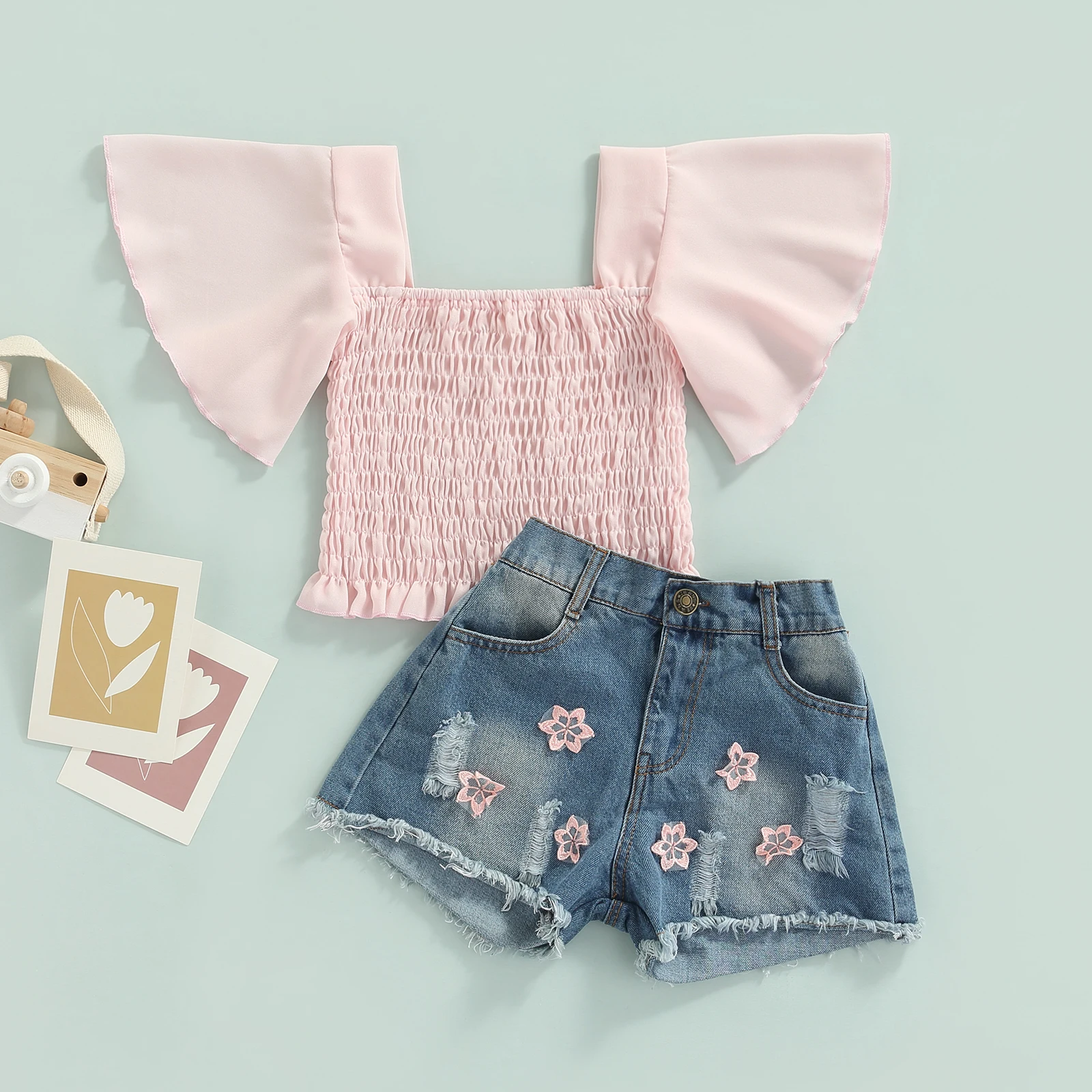 

2-7Y Toddler Girls Clothes Summer Outfits Fly Sleeve Square Neck Smocked Tops + Applique Ripped Denim Shorts Set