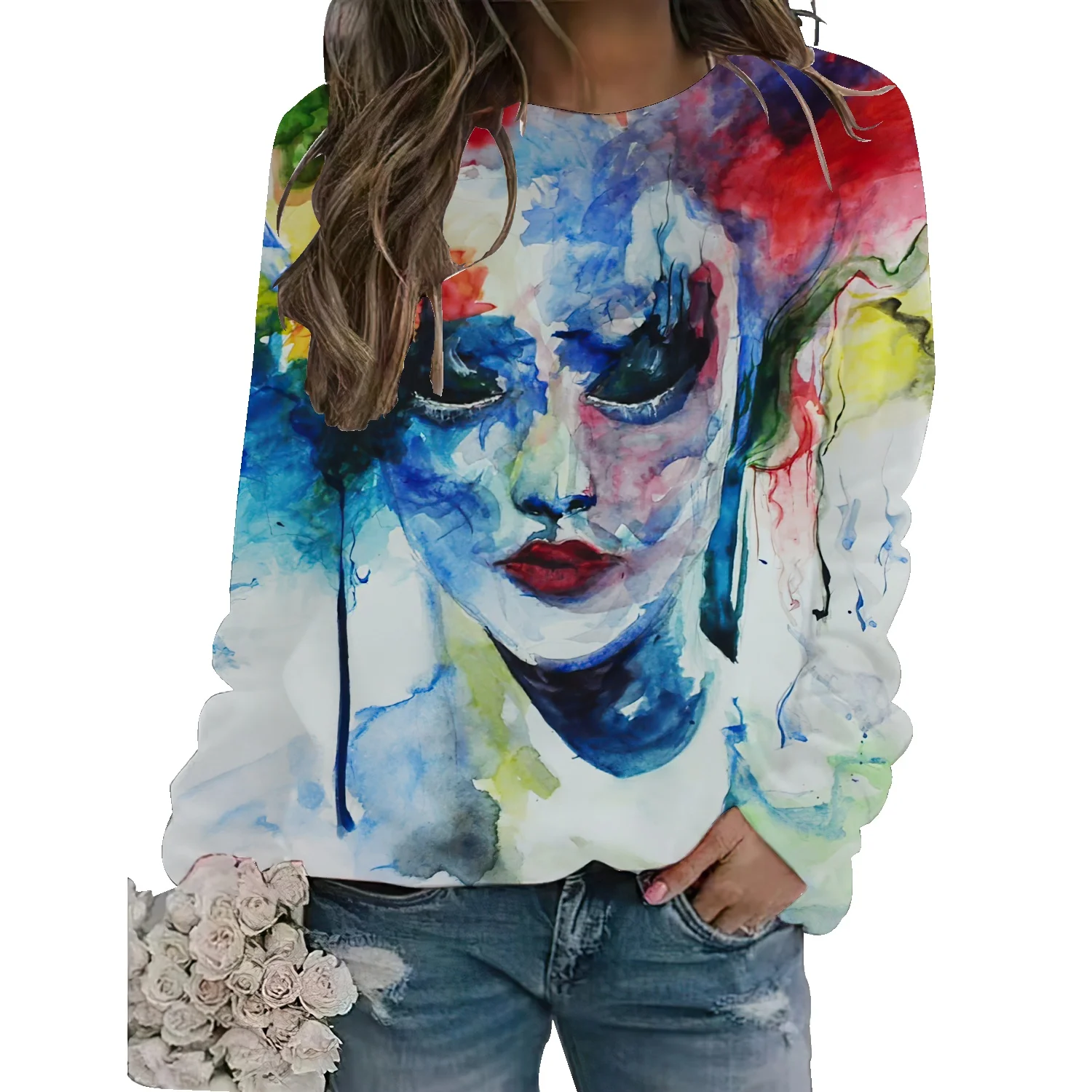 

National tide tulip print round neck sweater women's early autumn INS tide brand thin loose top coat 2022 new