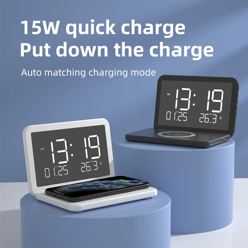 15W Fast Qi Wireless Charger with Alarm Clock 13 12 11 X Pro Max For Samsung Galaxy S21 S20 S10 S9 S8 Xiaomi Wireless Charging