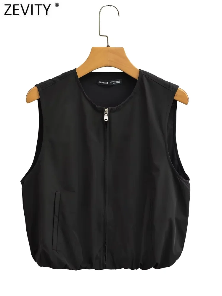 Zevity Women Basic O Neck Solid Color Hem Elastic Slim Blouse Female Chic Sleeveless Zipper Vest Shirt Blusas Crop Tops LS7180