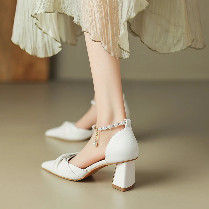 2023 New Women's Split Leather Shoes High Heel Sandals Summer Fashion Chunky Heel Pointed Toe Party women Shoes  Ladies Shoes