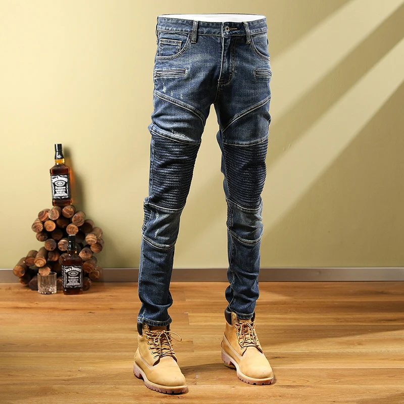 High Street Fashion Men Jeans Vintage Blue Elastic Skinny Retro Ripped Jeans Men Spliced Designer Hip Hop Biker Pants Hombre