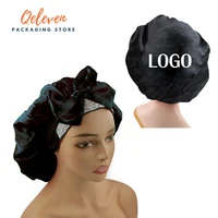 Free Custom Logo Satin Bonnet With Wide Stretch Ties Women Double Layer Sleeping Cap For Curly Hair Sleep Head Wrap Shower Cap